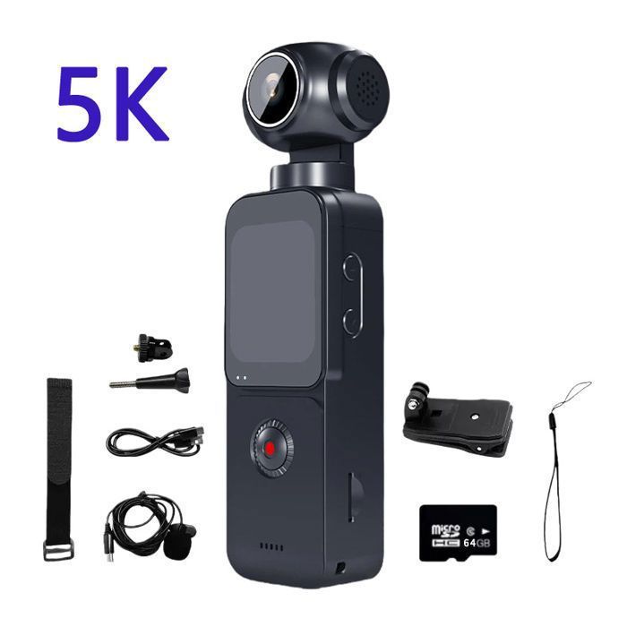 5K UHD Action Camera - Vlogging Video Camera - 270° Rotating Lens, 64GB - WiFi, 1.69