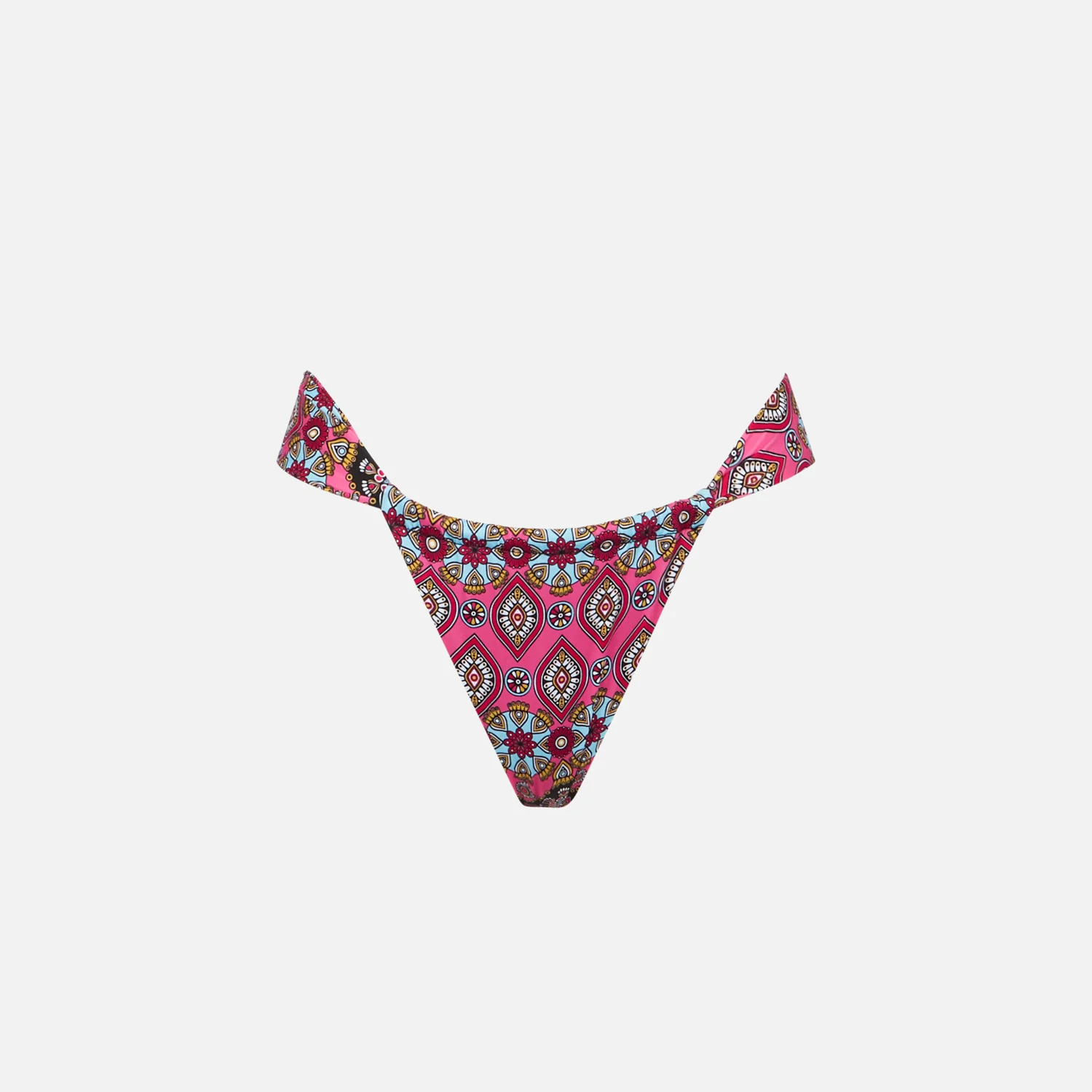 Braguitas de baño estilo gitano con estampado botánico multicolor y un toque descarado.