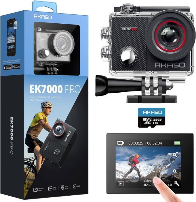 AKASO EK7000 Pro Caméra Sport 4K avec Carte MicroSDXC 128GB, 20MP WiFi avec Ecran Tactile EIS Stabilisateur Étanche 40M Noir