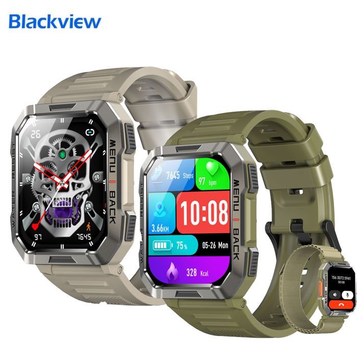 Blackview 2PCS Men's Smartwatch with Call/Pedometer/100 Sports Modes/Compass/Flashlight, 900mAh Battery, Gray