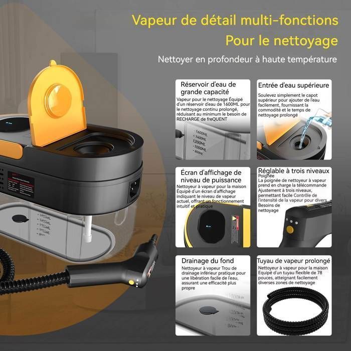 Limpiador a vapor portátil de mano, 1600 ml, 2500 W, para cocina/baño/hogar; el mango requiere pilas.