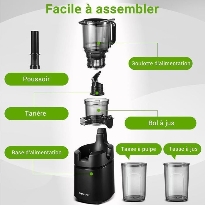 AMZCHEF Slowjuicer, 135 mm vulopening en 1,8 liter inhoud, sapcentrifuge voor hele groenten en fruit, 250W