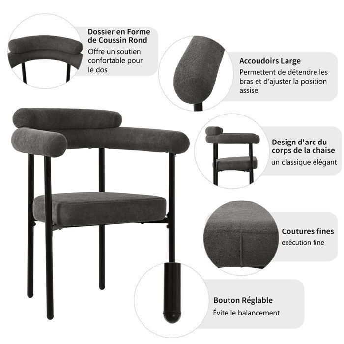 Sedie da pranzo - Tessuto scamosciato - Grigio scuro - Design ergonomico - Set da 2