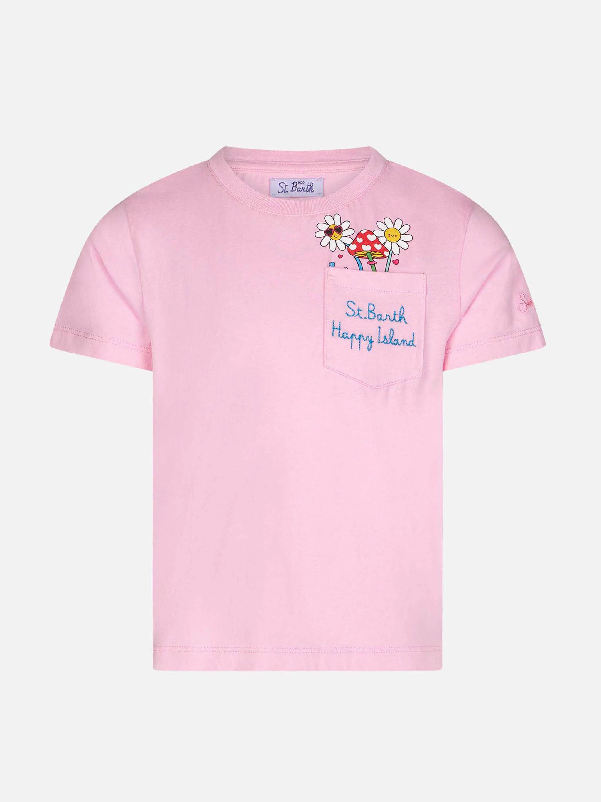 Katoenen T-shirt voor meisjes met St. Barth Happy Island-borduurwerk.