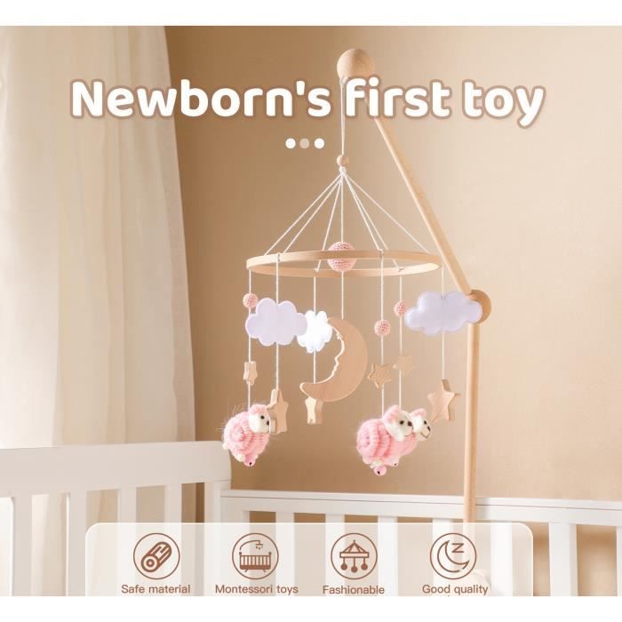 Móvil de madera para cuna, móvil musical para cuna, sonajero colgante para cuna, regalos para recién nacidos (niñas y niños), oveja (rosa)