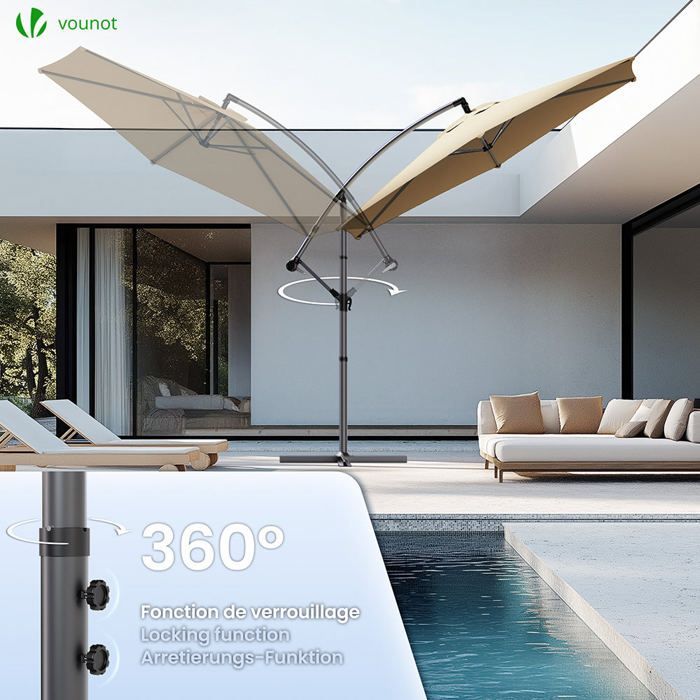 VOUNOT® Parasol déporté inclinable 3M Kaki - Rotatif 360° - Inclinaison réglable - Manivelle anti-retour - Housse de protection