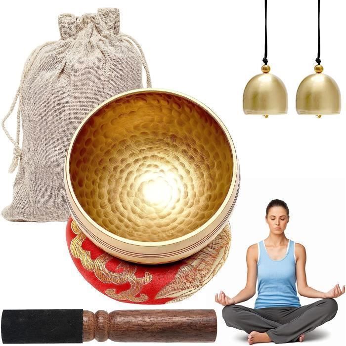 Käsintehty tiibetiläinen äänimalja, 8 cm meditaatiomalja puisella vasaralla + silkkityyny + kello riipus, tiibetiläiset kulhot