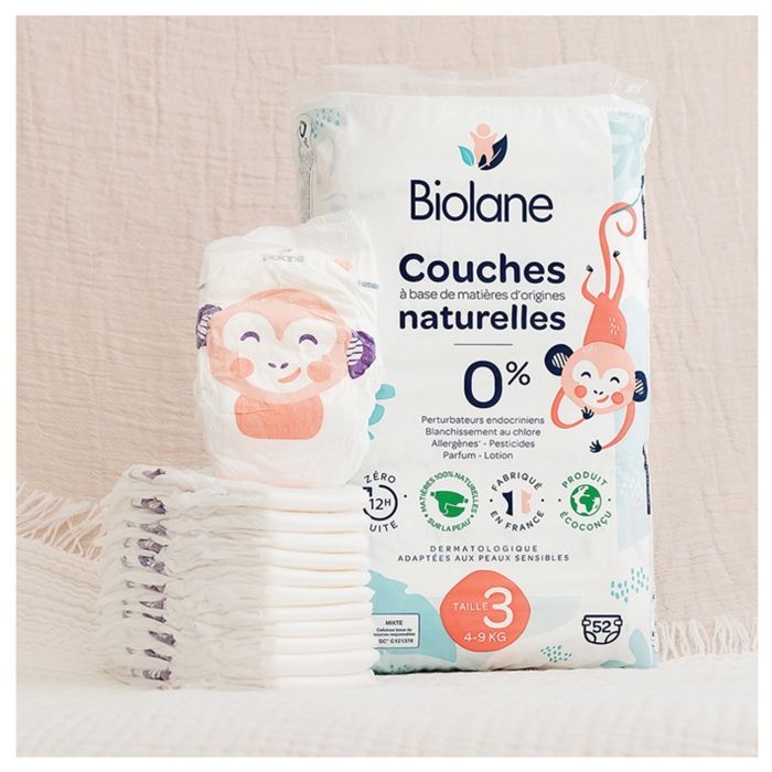 Biolane - Couches Naturelles Taille 3 - Ultra-Absorbant, Pas de Fuite  - 52 unités