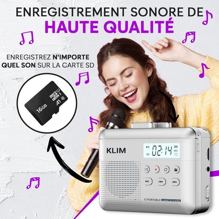 Cassette Player K7 - Lecteur Cassette Audio - Convertisseur Audio en MP3 - Microphone et Haut-Parleur intégrés - Argent