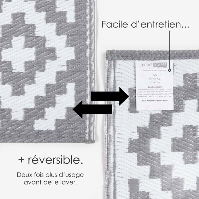 Tapis extérieur jardin imperméable, réversible et résistant UV - Zoe - 180 x 270 cm - Gris - Matériaux recyclés - Homescapes