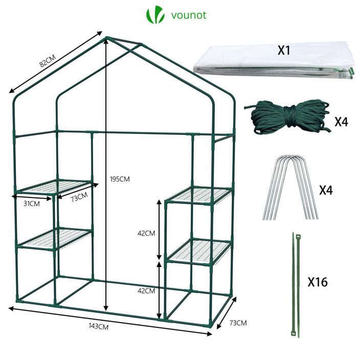 VOUNOT® Garden greenhouse with shelves 143x73x195cm white - reinforced 135g/m² cover - mosquito net window - zipped roll-up door