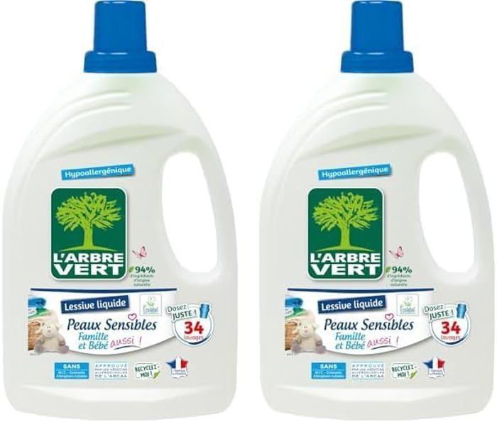 Lessive Liquide pour Peaux Sensibles Famille et Bébé Hypoallergénique Sans Allergènes,1,5L (Lot de 2)