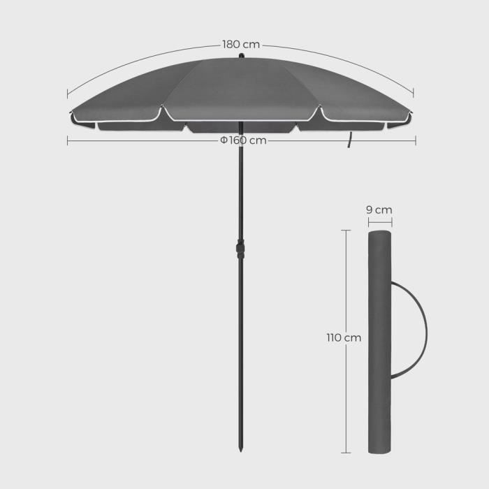 Parasol de Jardin - SONGMICS - Ø 1,6 m - Protection UPF 50+ - Inclinable - Gris