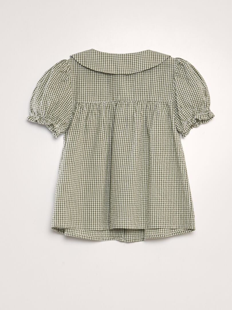 Blusa xadrez vichy com gola Claudine bordada - Cáqui