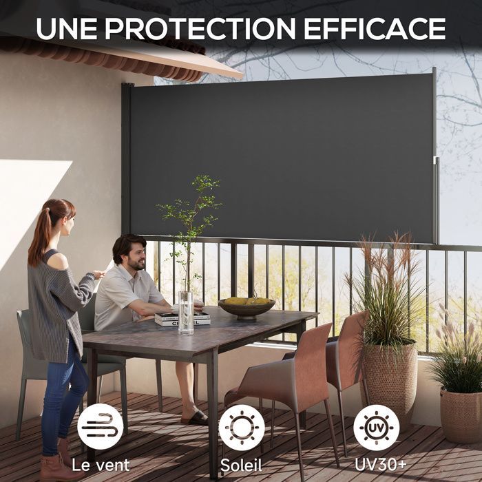 Toldo lateral Outsunny retráctil de 3 x 1,4 m con estructura de aluminio y tejido de poliéster de alta densidad (180 g/m²) resistente a los rayos UV, color gris oscuro.