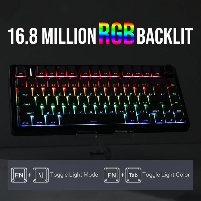 Tastiera meccanica da gioco wireless Aula F75 75% - 3 modalità, struttura con guarnizione, switch intercambiabili, tasti RGB - Nera