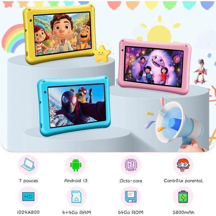 7-inch kindertablet, Android 13, 8+64 GB, octa-core, ouderlijk toezicht, kindveilige hoes, roze