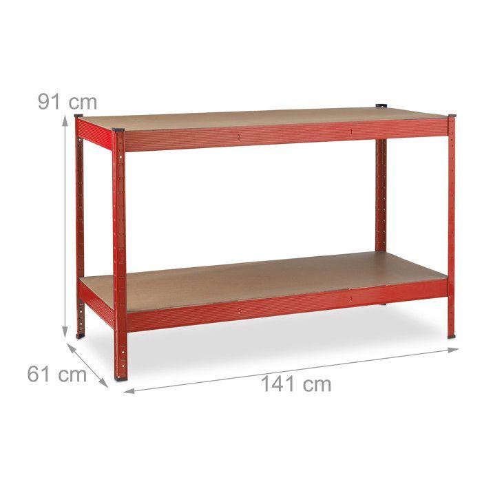 Πάγκος εργασίας Relaxdays, 600 kg, ΥxΠxΒ: 91 x 141 x 61 cm, 2 ρυθμιζόμενα επίπεδα, Επιφάνεια εργασίας, Ατσάλι & MDF, Πάγκος εργασίας, Κόκκινο