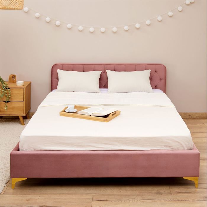 GLAMOUR tweepersoonsbed, slaapoppervlak 140x190 cm, met lattenbodem en gouden metalen poten, barokstijl, bekleed met roze getuft fluweel