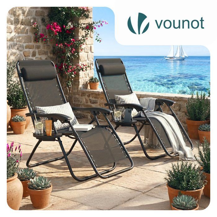 Juego de 2 sillones reclinables plegables VOUNOT® de textilene con portavasos - Carga máxima 120 kg - Negro