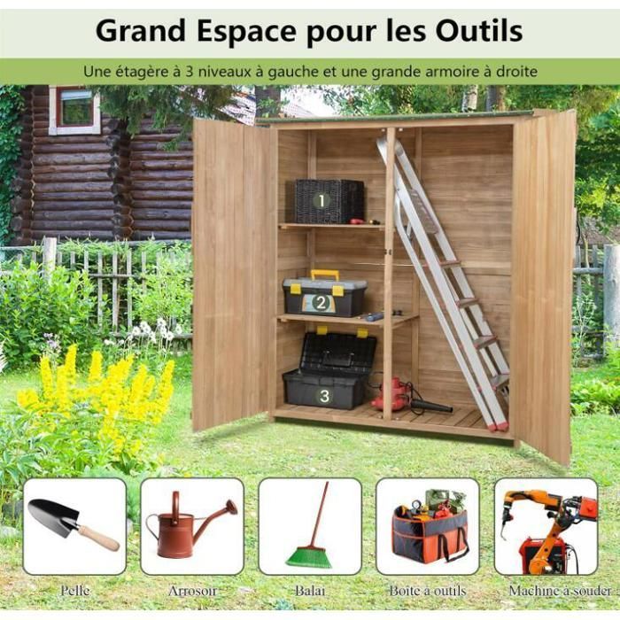 Houten tuinschuur - RELAX4LIFE - Dubbele deuren met sluiting - Hellend asfalt dak - 3 schappen - 140x50x162cm