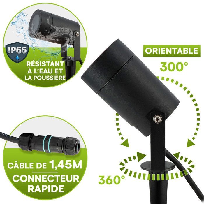 Faretti da esterno di design con picchetti (x4) - Per lampadine LED GU10 - Impermeabili IP65 - Regolabili - Fissaggi discreti - Neri