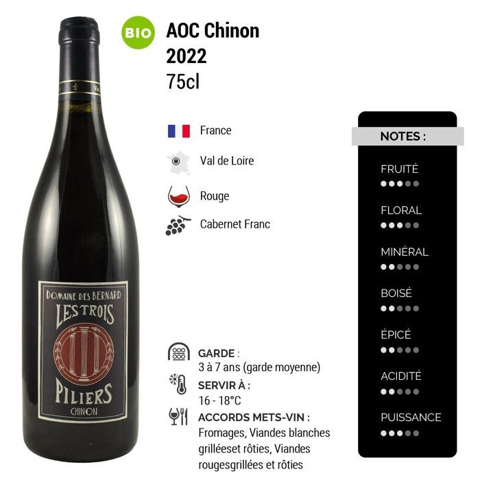 Domaine des Bernard Chinon Les Trois Piliers 2022 - Vin Rouge du Val de Loire (6x75cl) BIO