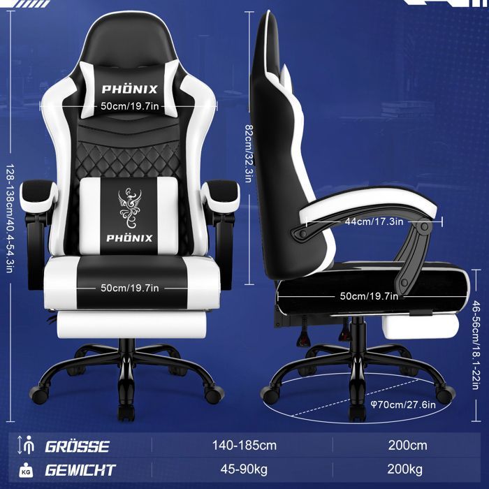 Chaise gaming, chaise de jeu ergonomique, accoudoirs réglables, repose-tête, repose-pieds, dossier, Noir/Blanc，jusqu'à 150Kg Light
