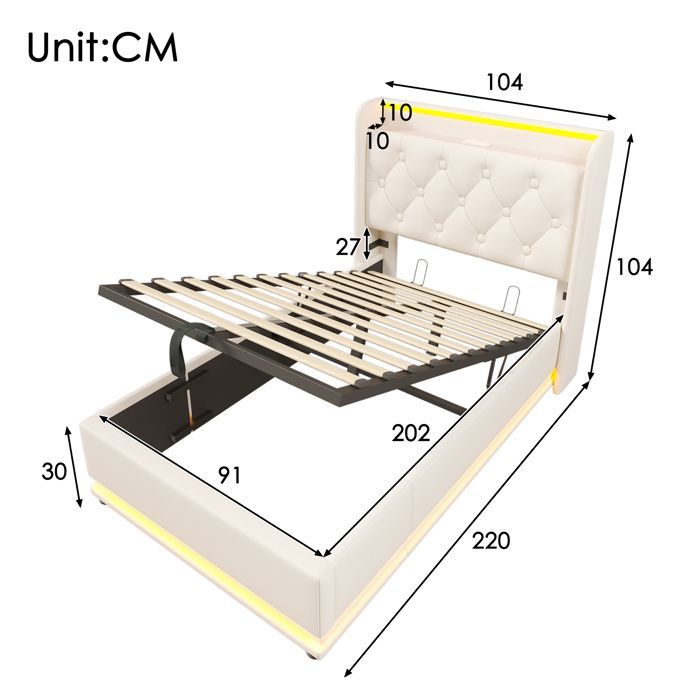 Cama LINKHOO, función LED envolvente de 360°, 90 x 200 cm, cabecero acolchado con función de carga USB tipo C (colchón no incluido).
