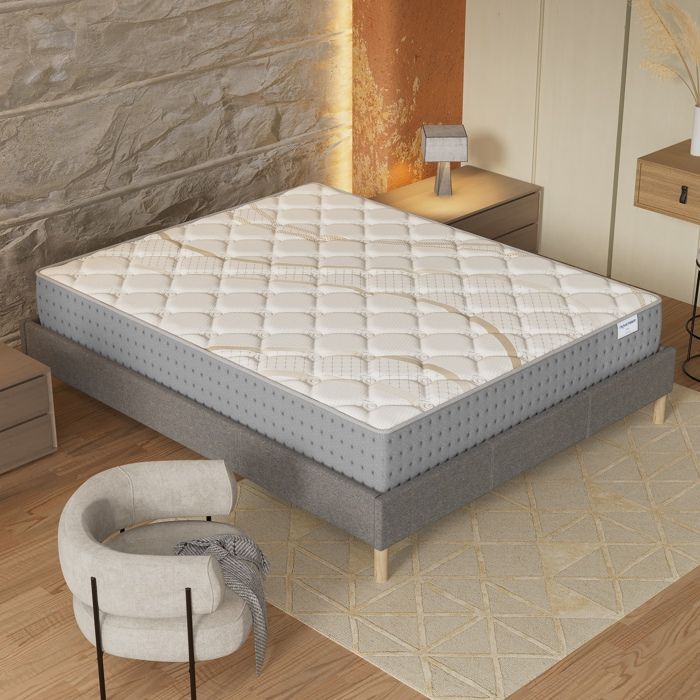 Conjunto de colchón y base de cama (120x190cm) - Muelles ensacados Essem y espuma de alta densidad de 25 cm de grosor + Base de cama de madera estable, Tela gris