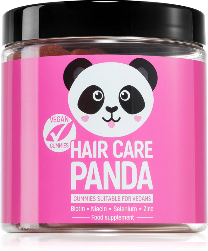 Haarverzorging Panda Vegan Gummies, een voedingssupplement in de vorm van zachte kauwcapsules voor mooi haar, een mooie huid en mooie nagels.