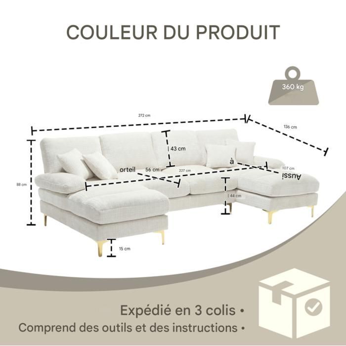U-förmiges Ecksofa – LANGTU – Modell U – 4-Sitzer, beige – 2 Liegesitze – goldfarbene Metallbeine