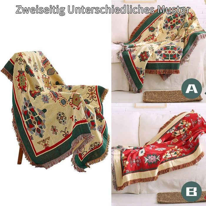 Colcha, manta o cubrecama de algodón, estilo bohemio, con diferentes estampados geométricos en ambos lados, para sofá.