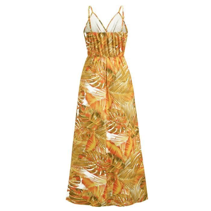 Abito estivo da donna in stile bohémien, lungo, con spalline sottili, scollo a V, stampato, senza maniche e comodo - Giallo