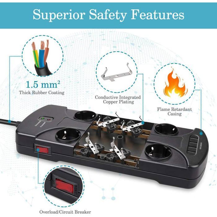 Regleta protectora contra sobretensiones con 8 tomas de corriente y 4 puertos USB, regleta con toma de tierra e interruptor, 3680 W/16 A
