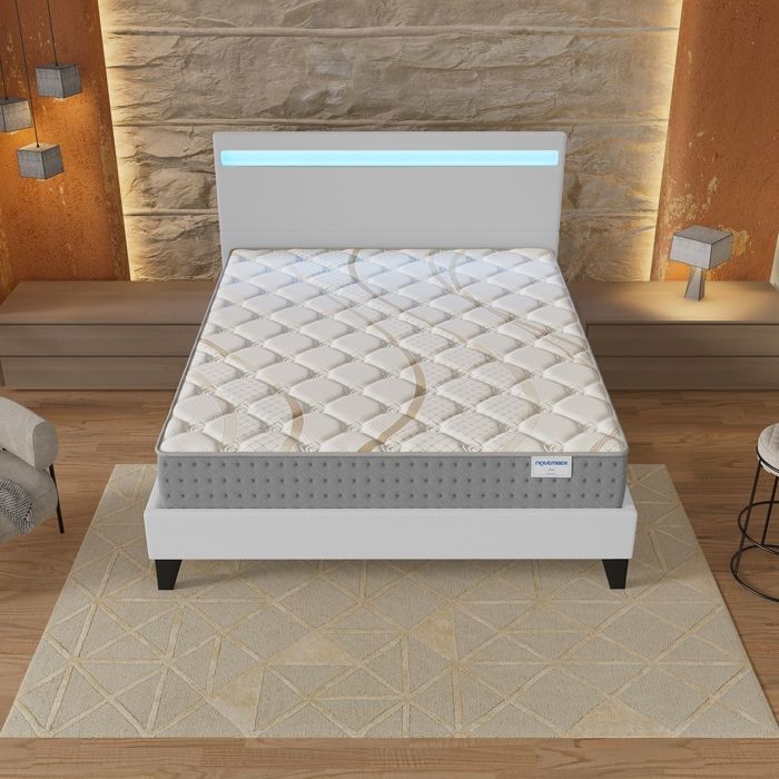 Colchón y cama (140x200cm) - Muelles ensacados Essem de 25cm y espuma de alta densidad + Base de láminas estable y cabecero LED Blanco