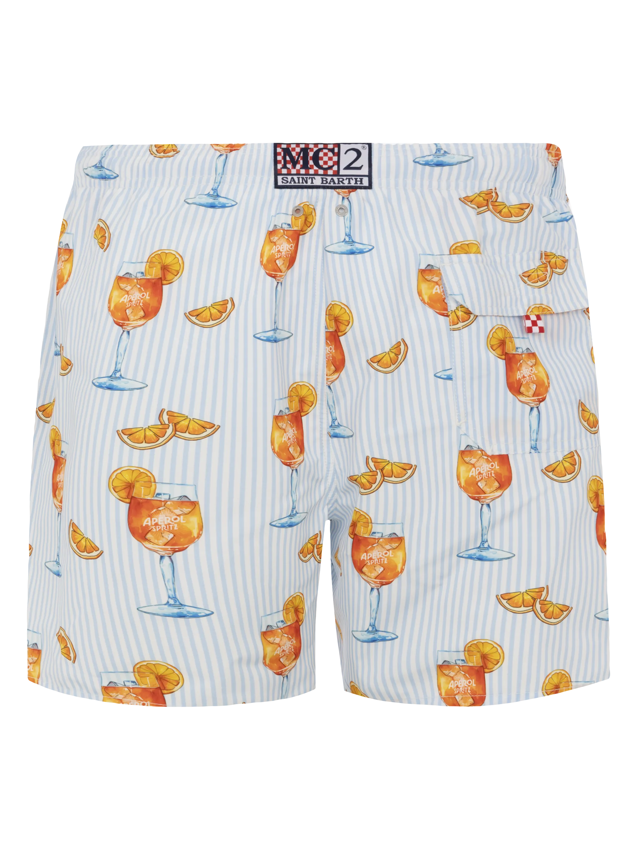 Costume mare lunghezza media Gustavia con stampa Aperol Spritz e righe