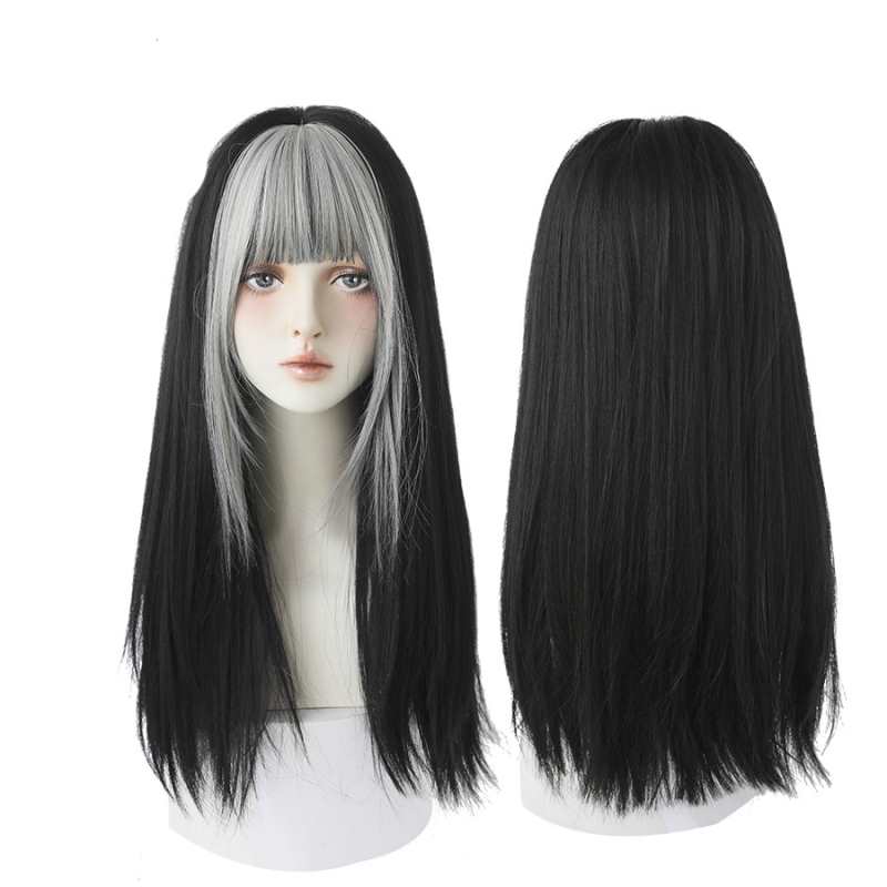 Featured Wigs Gray Black Kinky Straight Synthetic Wigs with Fluffy Bangs for Women Everyday Wear Heat Resistant Hair