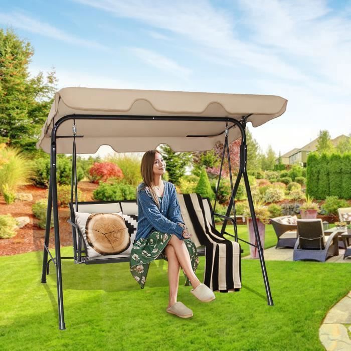 Altalena da giardino a 3 posti COSTWAY in poliestere e acciaio con tettuccio regolabile resistente ai raggi UV per balcone e terrazzo, 170 x 110 x 150 cm.