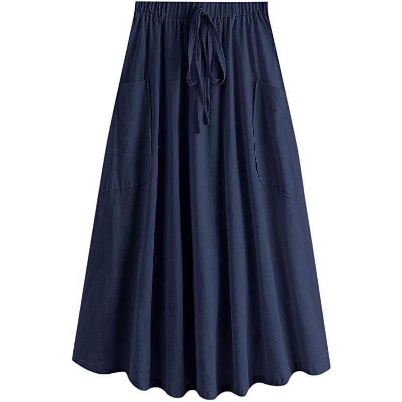 Jupe midi plissée trapèze taille haute décontractée pour femme avec poche