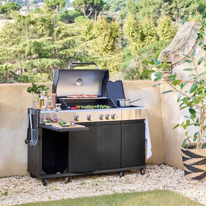 Barbecue a gas MAXIM a 4 bruciatori + 1 fornello laterale, cucina da esterno con ruote, ripiani e termometro.