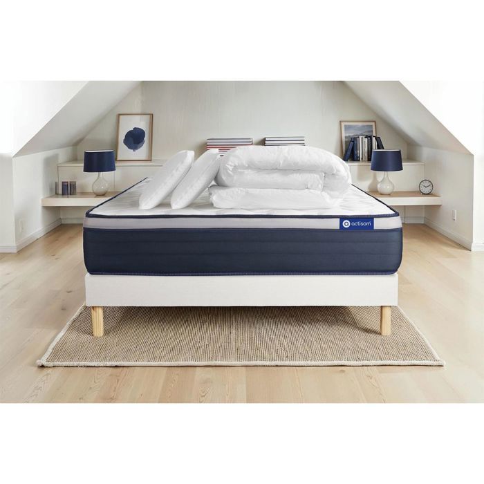 Juego de cama completo de 140x200 cm - Colchón + Base de cama blanca (requiere montaje) + 2 almohadas + Edredón - Actimemo Ma