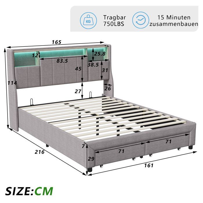 Letto matrimoniale 160 x 200 cm, letto per adulti 160x200 cm con 2 cassetti, con illuminazione a LED, struttura letto, testiera con contenitore, materiale in lino, grigio