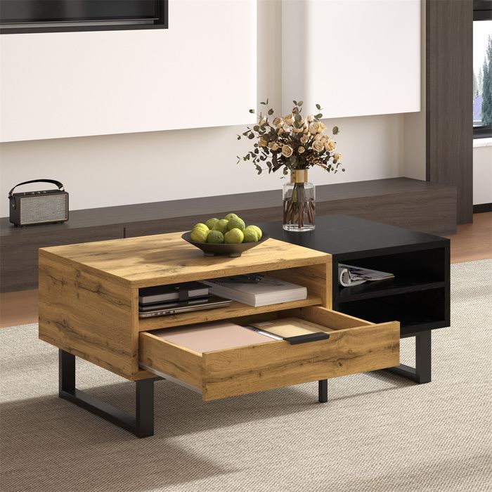 Salontafel met plank en lade voor de woonkamer, houten salontafel met gekleurde blokstructuur, metalen poten - 100 × 50 × 40 cm