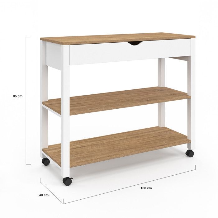 Carrito de cocina IDMARKET PENH XXL con cajón y encimera blanca, estantes efecto haya, 100 cm de largo.