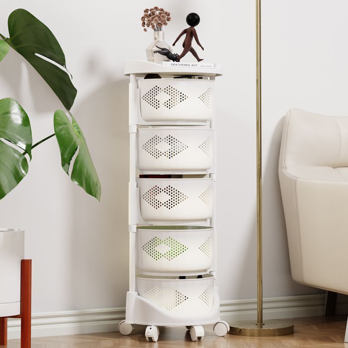 Carrito de almacenamiento de cocina de 5 niveles con ruedas giratorias de 360 grados y cesta giratoria para cocina y baño, blanco, 37x37x88cm