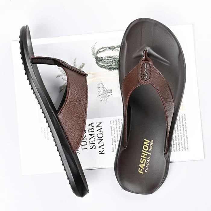 Tongs Homme,38-44EU Tong Homme en Cuir de Plage Piscine,Tongs Homme été Antidérapante de Douche Piscine Plage-Noir