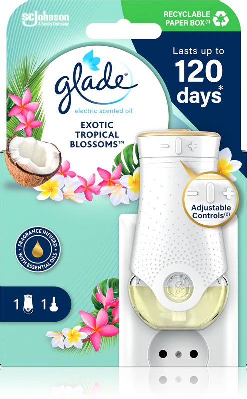 Aromatizador de ambiente elétrico GLADE com fragrância de flores tropicais exóticas
