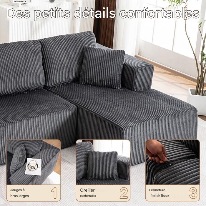 Divano angolare panoramico a forma di U, 4 posti, divano modulare, braccioli, rivestimento in velluto a coste, molle e imbottitura in schiuma ad alta resilienza, grigio