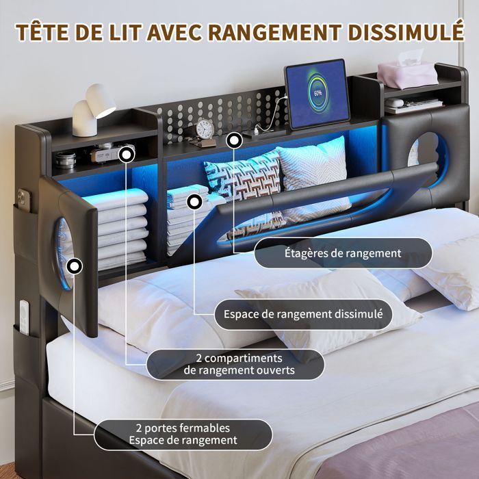 Cama de casal estofada de 160x200cm com arrumação, luzes LED e portas USB, com sistema hidráulico de arrumação, estrado de ripas e acabamento em PU preto.